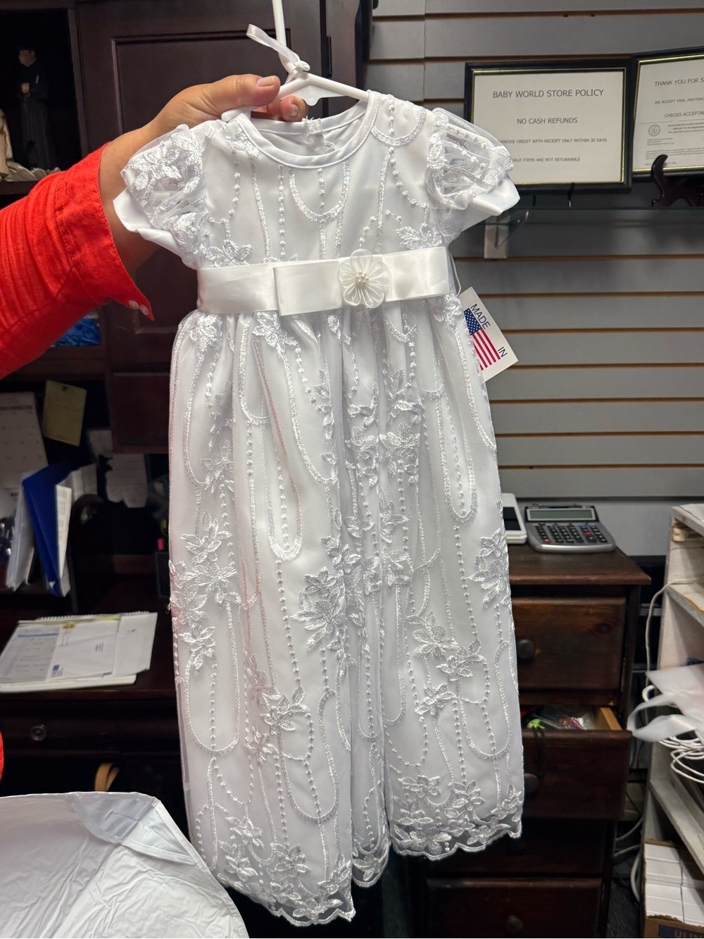 White Satin & Lace Baptismal Floral Dress and Bonnet for Girls
